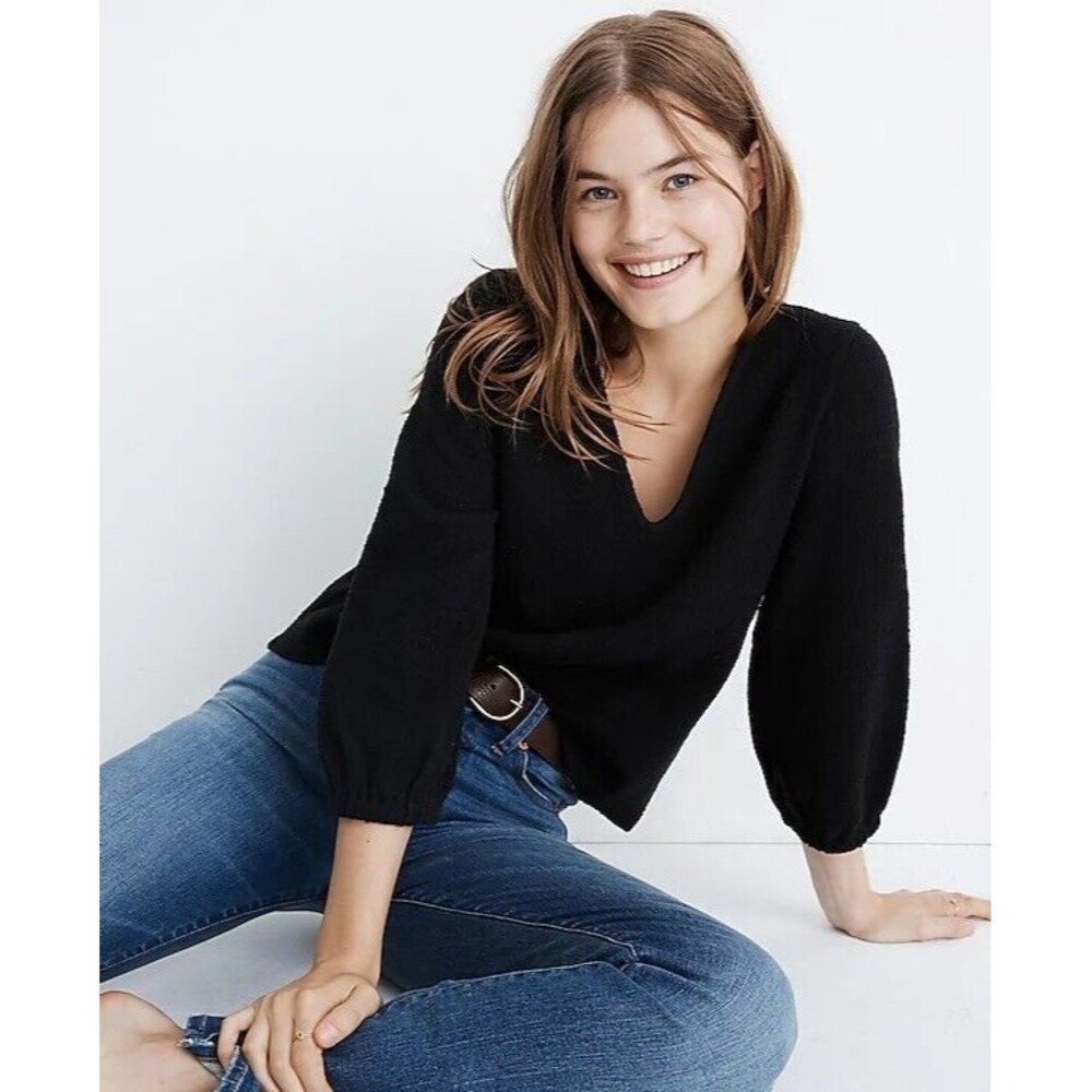 Madewell Full Sleeve Top Textured V Neck 3/4 Sleeve Black Women's Size XS